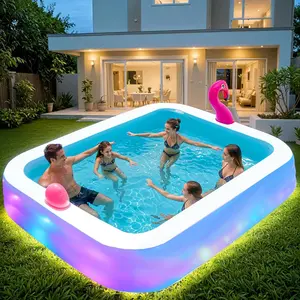 119"x86"x21" Inflatable Pool with LED Lights, 3 Light Modes, 3-Ring Blow Up Pool for Adults & Kids, Thickened PVC Family Swimming Pool for Backyard & Outdoor Use (Includes Electric Air Pump) raft lounge floatie
