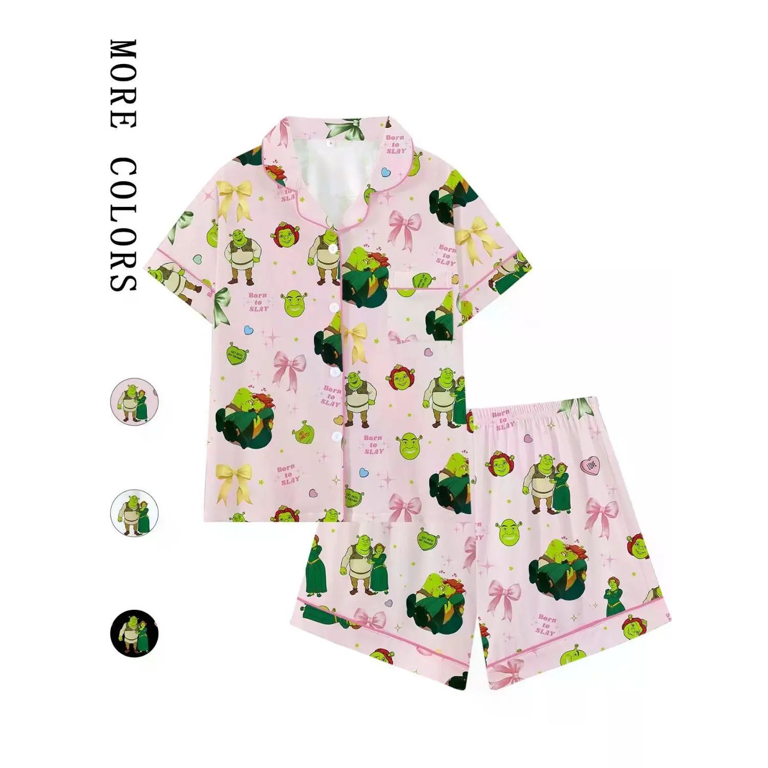 Charming Shrek Cartoon Print Bow Collar Short Sleeve Pajama Set, Cozy Sleepwear & Loungewear for All Seasons, Princess Fiona Gift, Relaxed Fit