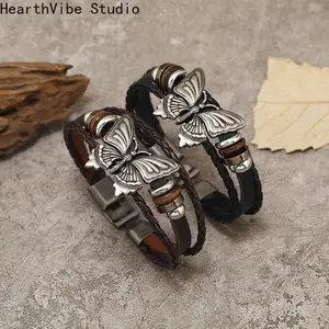 Retro ethnic style butterfly multi-leather bracelet trendy simple jewelry