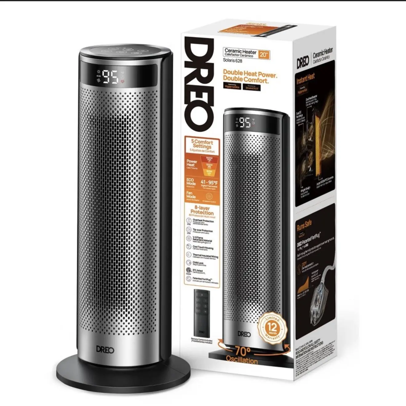 DREO 1500W Solaris Plus 20" Portable Oscillating Ceramic for Home with Remote