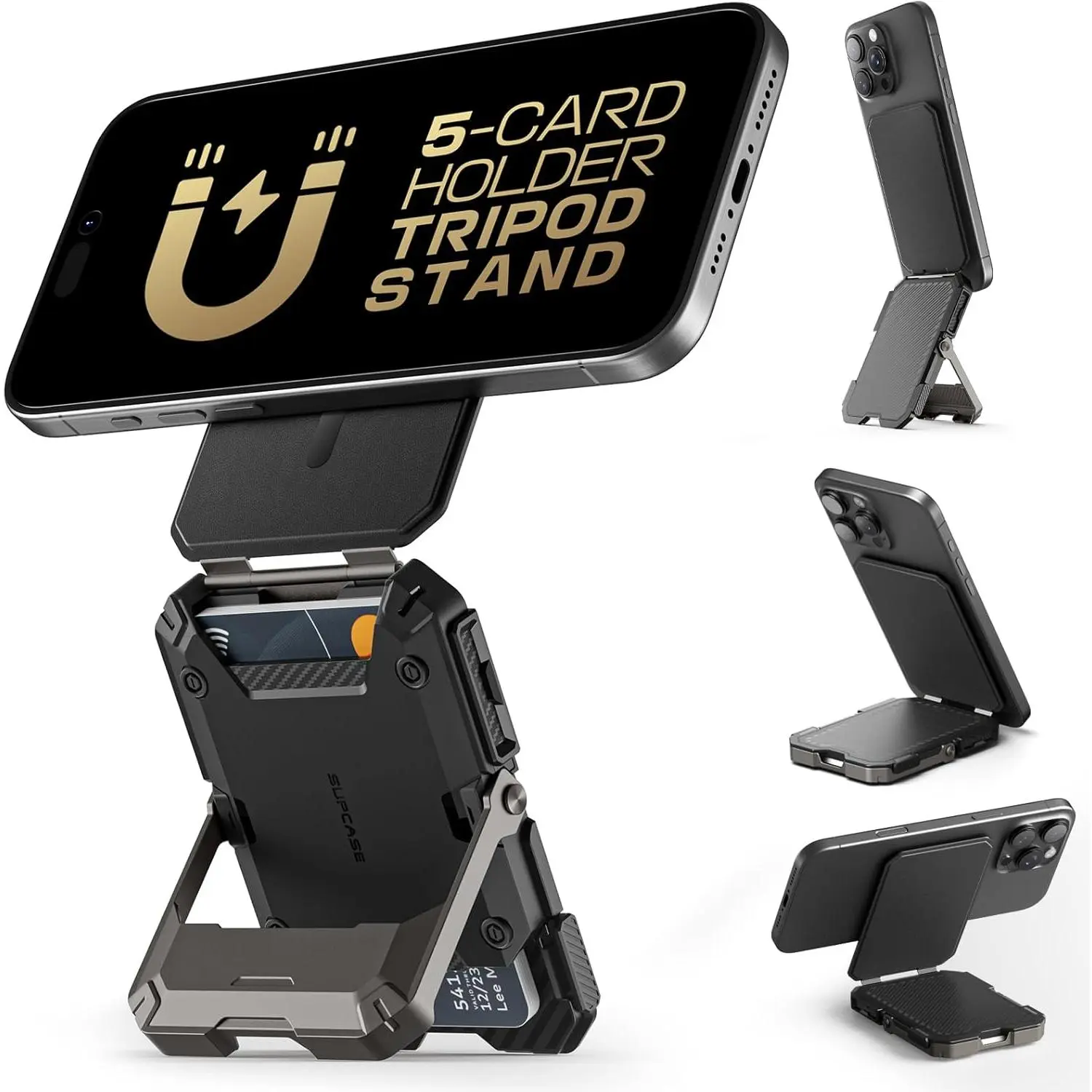 for MagSafe Wallet with Stand, Magnetic Wallet for Men, [Hold 5 Cards] [Adjustable Stand] [RFID Blocking] Phone Credit Card Holder Tripod for iPhone 17/16/15/14/13/12 Series, Black