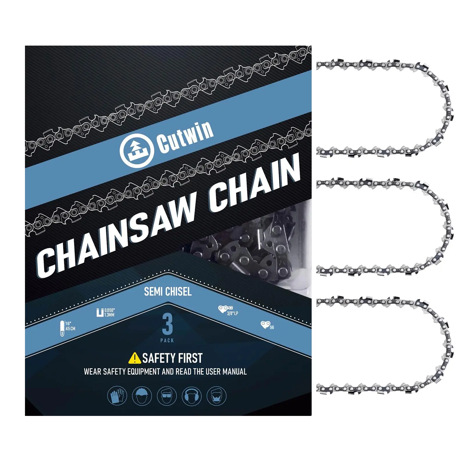 3 Pack 16 Inch Chainsaw Chain CW-S56 3/8" LP Pitch .050" Gauge 56 Drive Links, UL Approved Replacement Low-Kickback Chainsaw Blade Fits Most Chainsaw Brands