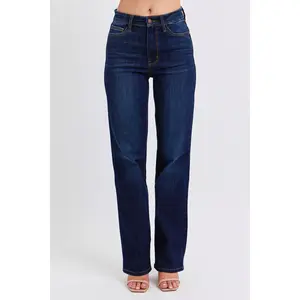 Judy Blue High Waist Classic Straight Leg Non Distressed Jeans 82627, Stretchy Cotton Denim Womenswear Bottom, Chic Style, Dark Wash