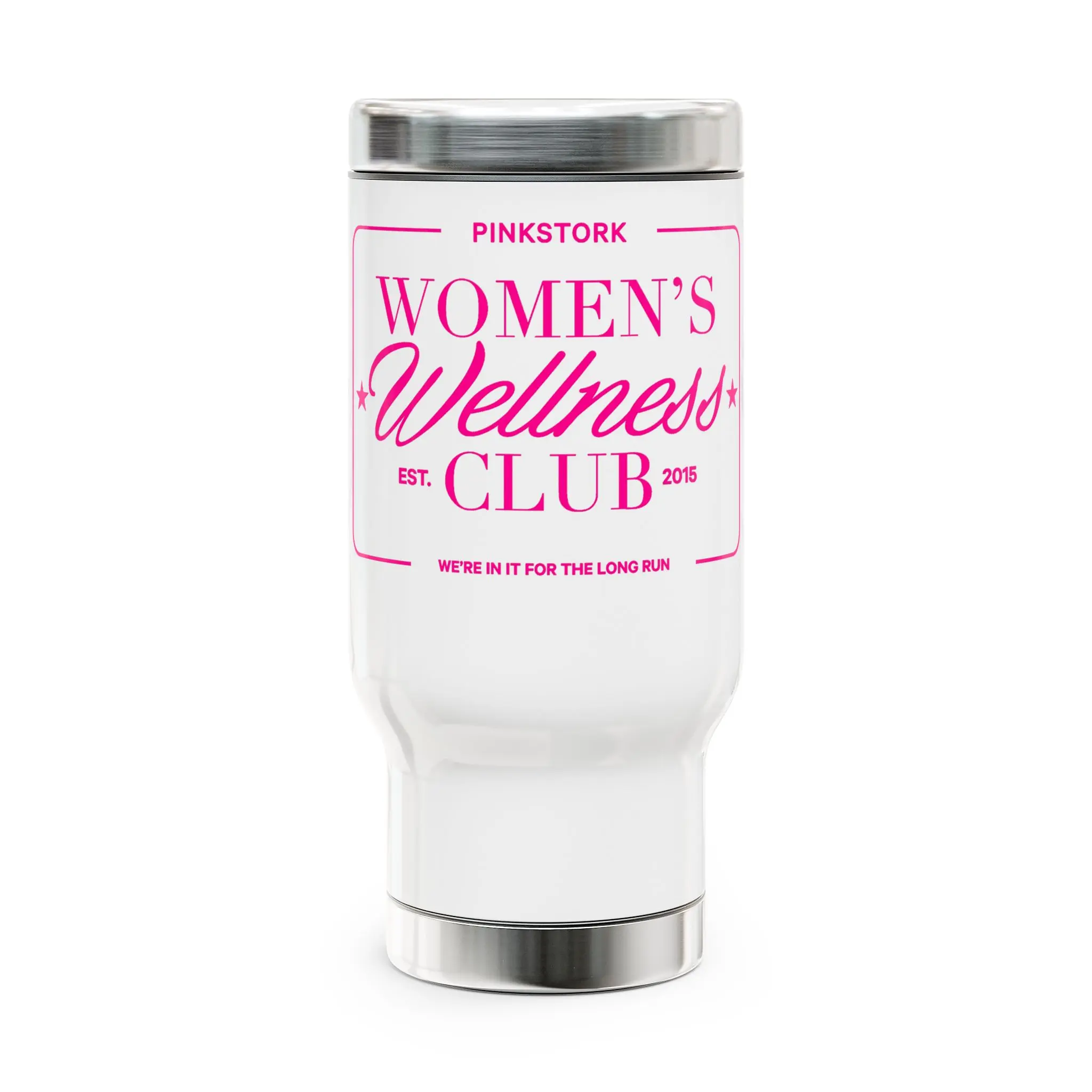 Pink Stork Women’s Wellness Club travel mug | 14oz stainless steel handle tumbler | White with Retro Pink Logo