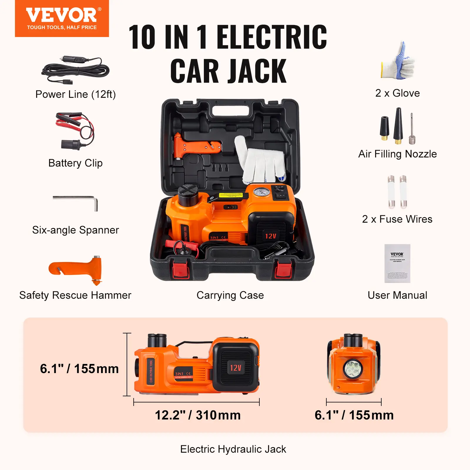 【summerfinds】VEVOR Electric Car Jack, 5 Ton/11023 LBS Hydraulic Car Jack, Portable Car Jack Lifting with Built-in Inflatable Pump and LED Light, Car Jack for SUV MPV Sedan Truck Change Tires Garage Repair