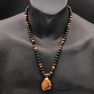 Serelune Jewelry  1 Piece Fashionable Retro Natural Tiger's Eye Geometric Pendant Adjustable Beaded Necklace Men's and Women's Daily Wear Jewelry Gifts