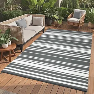 Outdoor Patio Rug for Camping,Waterproof Foldable Plastic Straw Mat, Modern Striped Picnic Mat, UV Resistant, Large Outdoor Carpet for Patio RV Picnic Balcony Deck