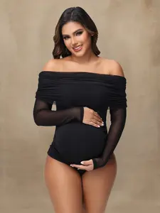 Maternity Off Shoulder Bodysuit Mesh Collar Long Sleeves Pregnancy Top for Photoshoot, Daily