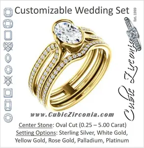 CZ Wedding Set, featuring The Mariela engagement ring (Customizable Cathedral-Bezel Oval Cut Style with Wide Straight Split-Pavé Band)