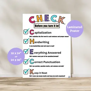 Check Before you Turn it In Anchor Chart | Laminated Classroom Poster | Writing Checklist | ELA Classroom Decor | Editing and Revising Anchor Chart