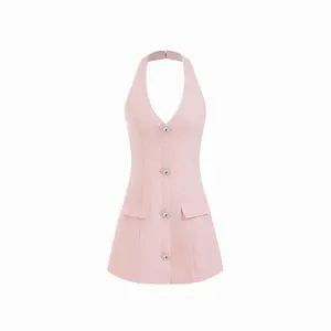 Cider Halter Neck Rhinestone Button A-line Mini Dress