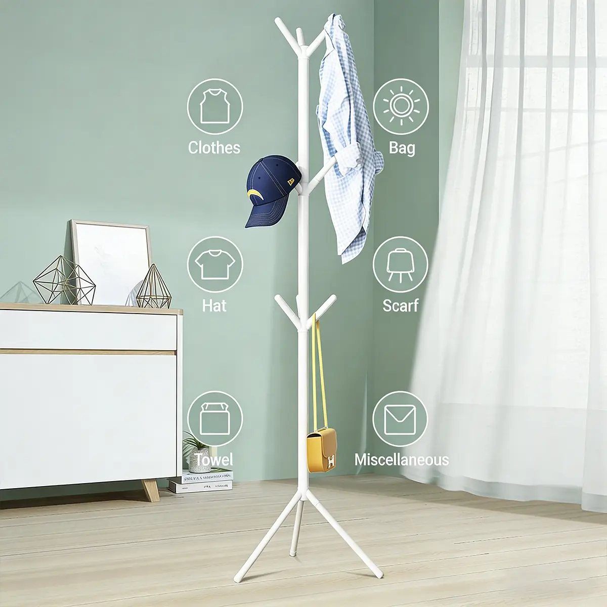 Minimalist Freestanding Coat Rack with 9 Hooks, Ideal for Hanging Clothes, Hats and Bags, Stylish and Functional Home Organizer
