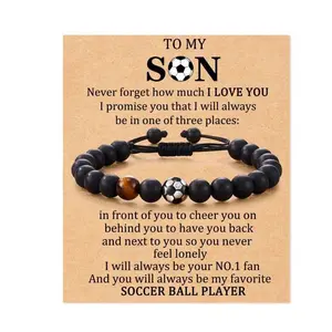 "To My Son" Soccer Player Bracelet, Handcrafted Matte Black Onyx & Tiger Eye Beaded Wristband, Inspirational No.1 Fan Keepsake Gift