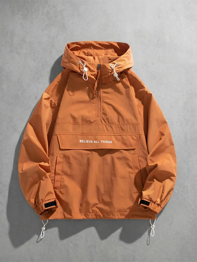 Men’s windproof half-zip hooded jacket top with drawstring design; casual outdoor hiking jacket; machine washable men’s softshell jacket, loose fit, waterproof and windproof for autumn/winter.