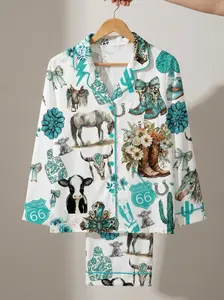 Western Cowgirl Latin Pajama Set, Turquoise Horses Boots And Cactus Print Sleepwear, Short Or Long Sleeve Button Up PJs, Western Pajama Gift for Her