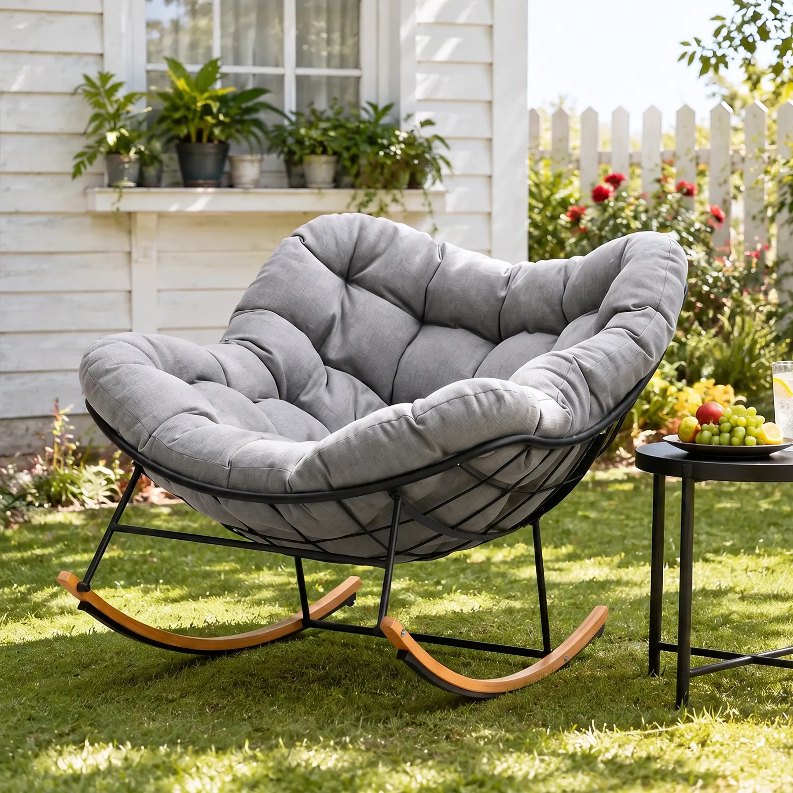 Oversized Outdoor Rocking Chair with Thick Cushion, Papasan Rocker with Powder-Coated Steel Frame and Woodgrain Base for Patio, Balcony, Porch and Living Room