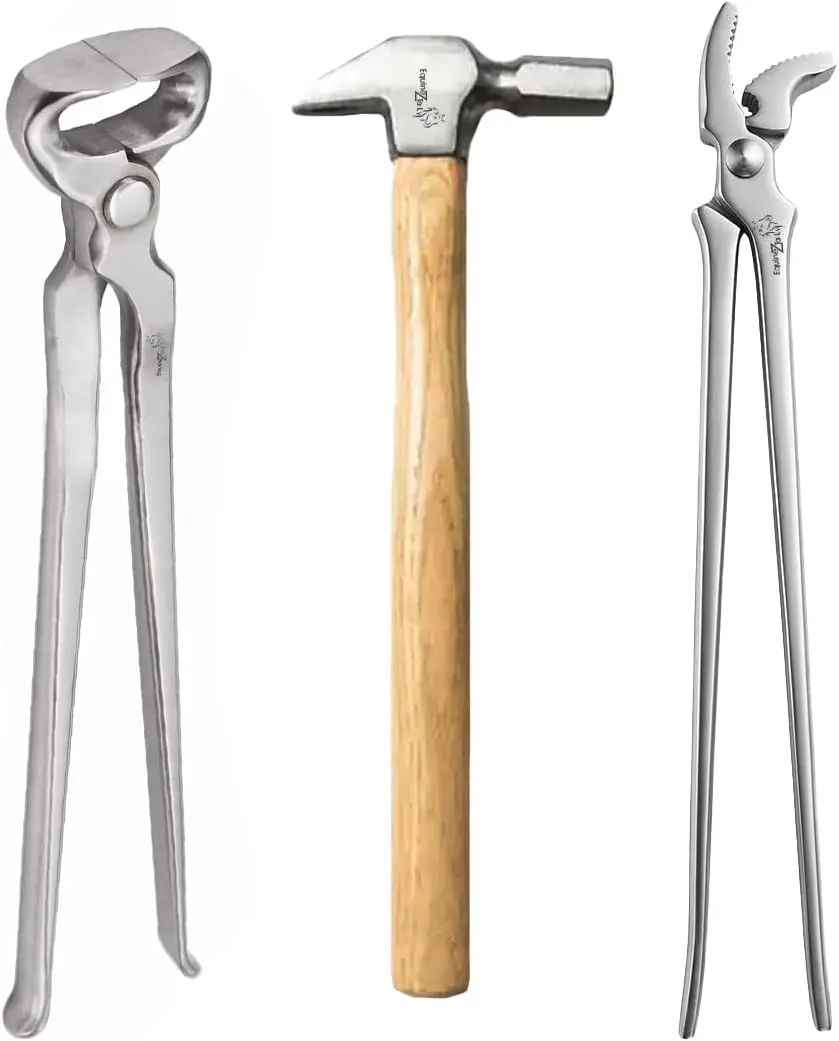 Equinez Tools 3 PCS Universal Farrier Set - Durable Steel Professional Hoof Nippers, Clincher, Hammer - Easy-to-Use Equine Care Supplies for Horses, Donkeys (Trimming, Shoeing Grooming), Ponies, Hoof Care