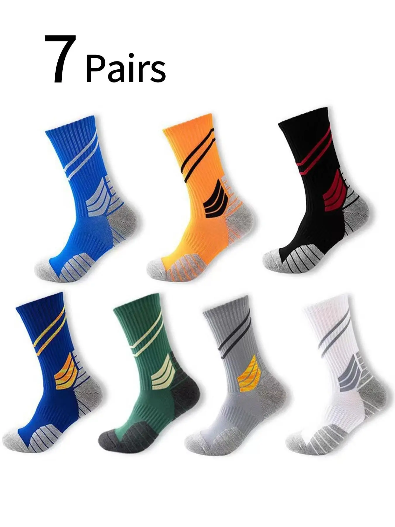 7 Pairs Men's Basketball Socks, Mid-Calf High Top Thick Cotton Bottom, Colorblock Sports Socks, Warm Outdoor Anti-Slip Comfort, All-Season Wear, Athletic Socks, Grip Sports Socks