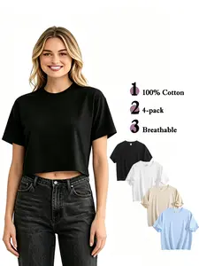 4-Pack Women's Cotton Crop Top T-Shirt Multipack TikTok Viral Cropped Tee Set Black White Beige Light Blue Short Sleeve Loose Fit Casual Plain Tops Y2K Fashion Workout Aesthetic Base Layer XS-XL Clothes Basic Streetwear Tshirt