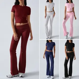Women's 2 Piece Lounge Outfits Slim Short Sleeve Tops Low Rise Flare Leggings Sets Yoga Sweatsuit