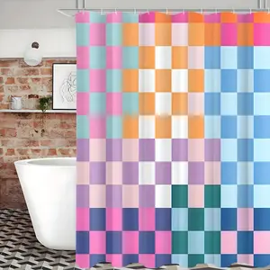 Retro Checkered Shower Curtain Colorful Geometric  Groovy Simple Bright Aesthetic Home Bathroom