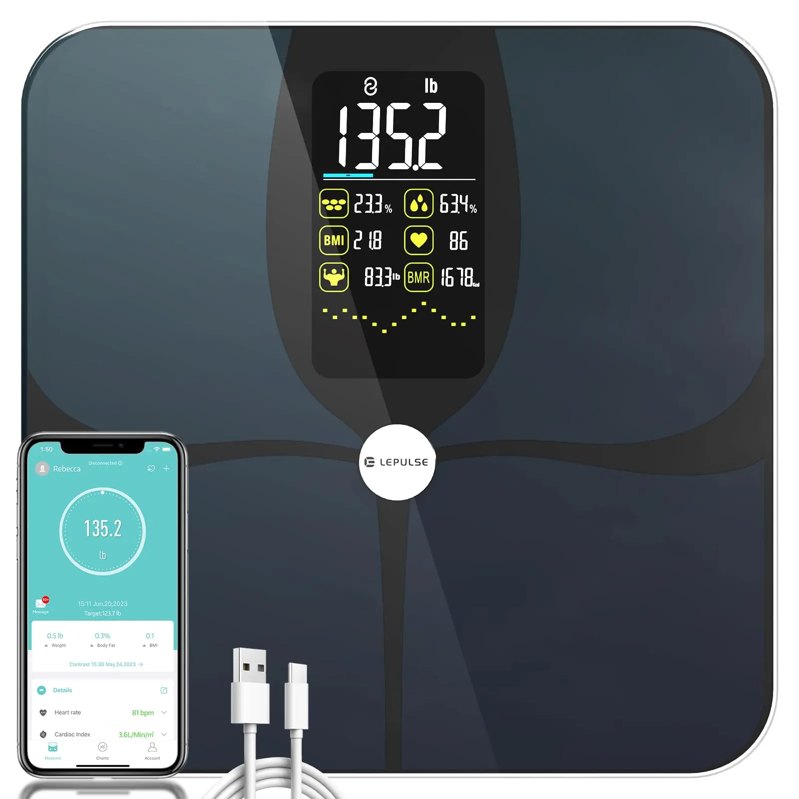 Body Fat Scale, Lepulse Large Display Scale for Body Weight, Accurate Digital Bathroom Scale, Rechargeable BMI Smart Weight Scale with Body Fat Muscle Heart Rate, 15 Body Composition, FSA/HSA eligible, Lepulse F4 Pro