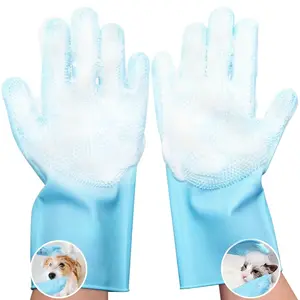 silicone gloves for pet grooming, multi-functional gloves for pet hair shedding, bathing, and massage (Blue)
