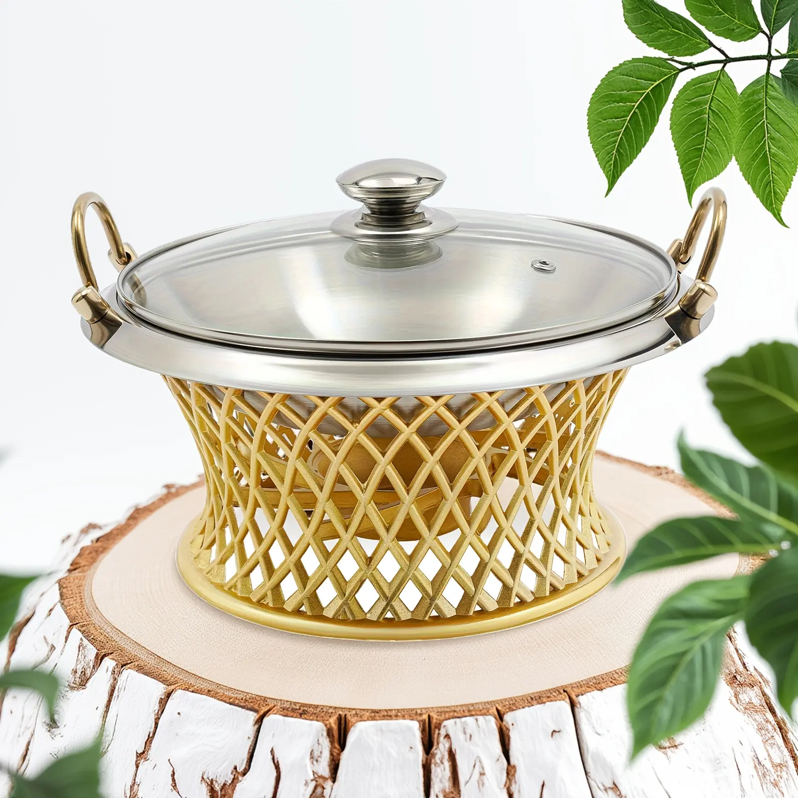 CNCEST Copper Finish Chafing Dish Cookware Set - 9.45in Stainless Steel Pans, Heat-Resistant Glass Lid, Fuel Holder, Drum Frame, Aluminum Alloy Build, 6.6lb Capacity Container, 9.45" Serves More for Buffet, Dining Room Use with Friends, Housewarming