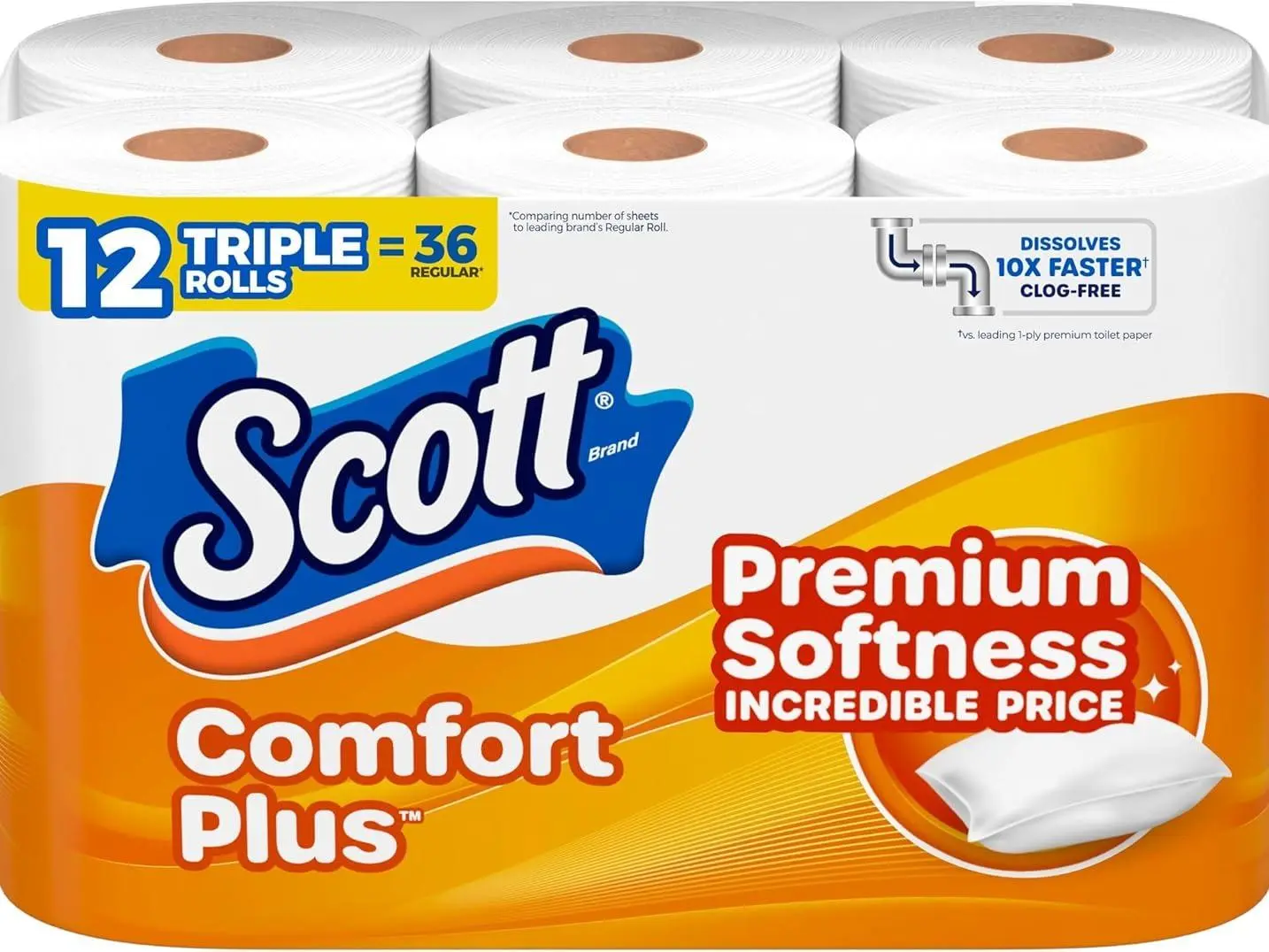 Scott ComfortPlus Toilet Paper, 12 Triple Rolls, 231 Sheets per Roll, Septic-Safe, 1-Ply Toilet Tissue Kitchen Wipes