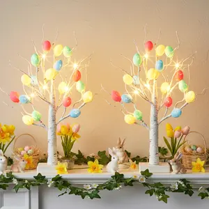PEIDUO Easter Decorations 2026 22 Inch Lighted Tabletop Tree with 36 Cracked Egg USB Battery Powered White Birch Spring Home Decor 2PK Set