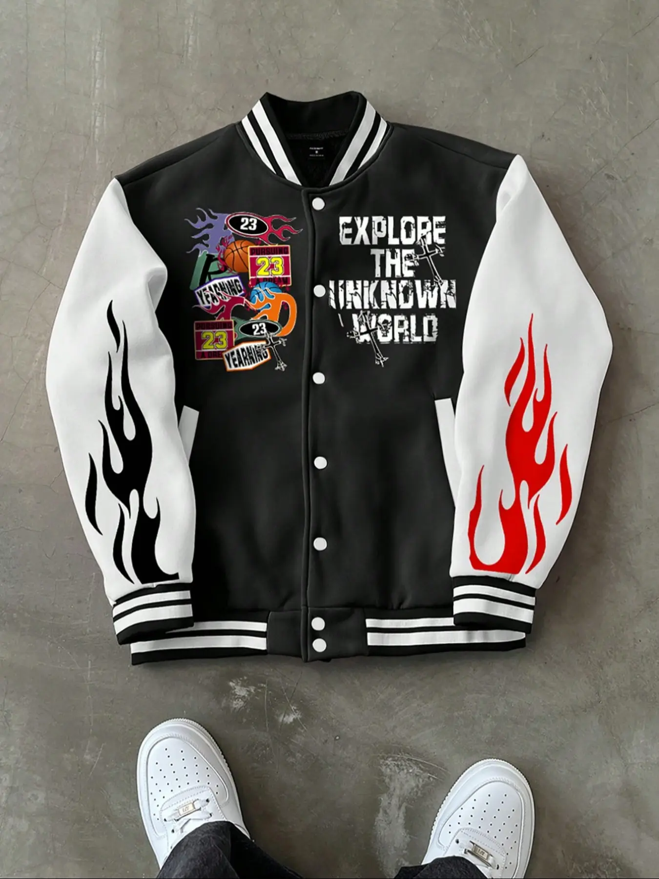 Men's Fall Winter Baseball Varsity Jacket, Black White Color Block Flame Basketball 23 Letter Graphic Button Down Coat, Loose Casual Outerwear for Daily Workout Street Vacation Dating, Men's Fall Outfits & Winter Outfits