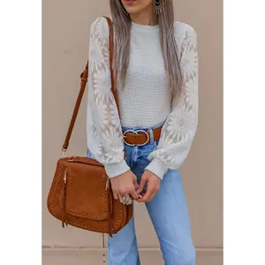 Sunflower Lace Mesh Sleeve Waffle Knit Top | S-XL