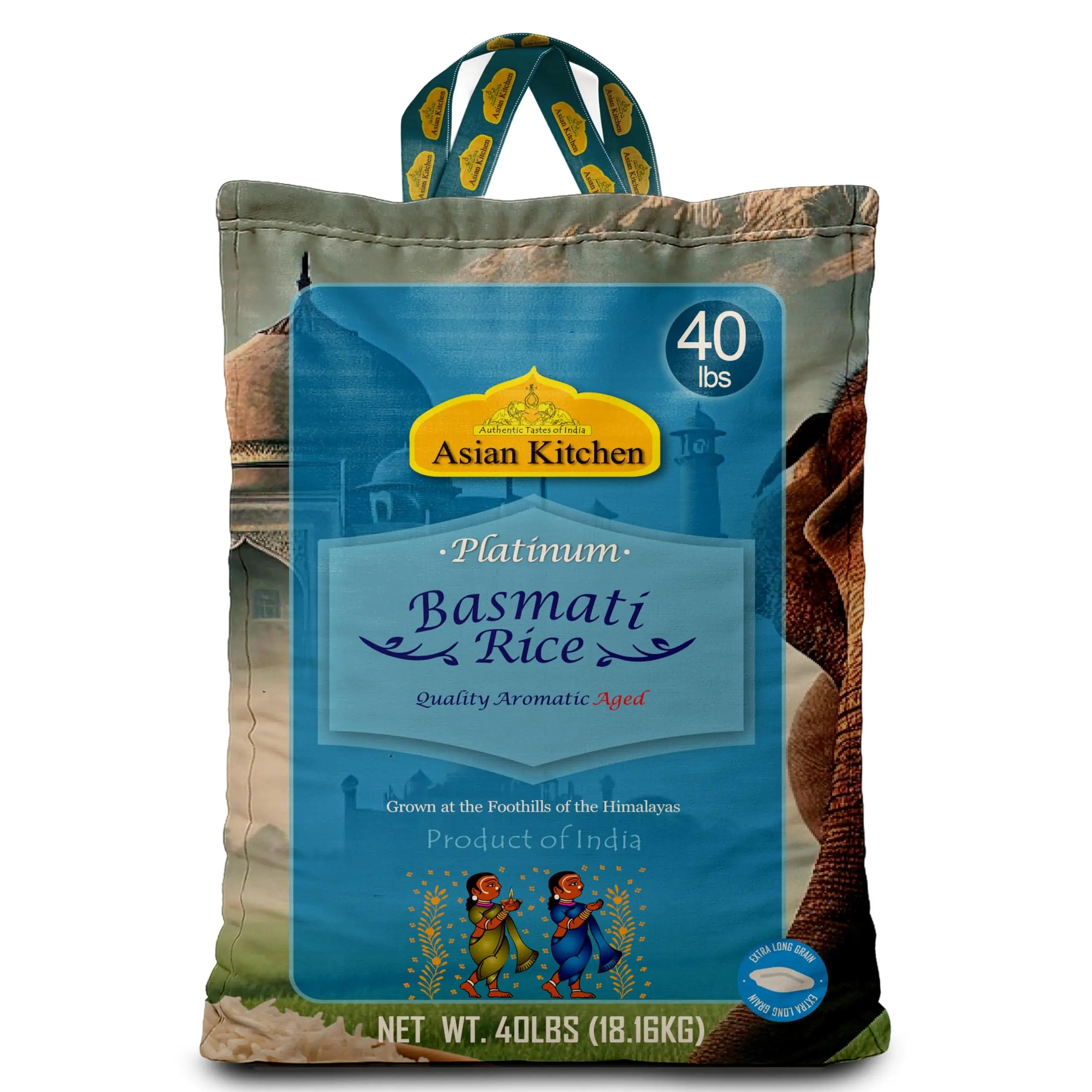Asian Kitchen Platinum White Basmati Rice Extra Long Aged 40lbs (18.18kg) ~ All Natural | Gluten Friendly | Vegan | Indian Origin | Export Quality
