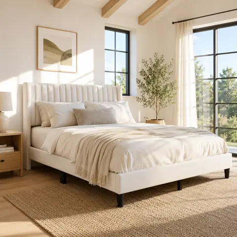 Costoffs Queen Size Upholstered Wooden Platform Bed Frame with Linen Wingback Tufted Headboard, Wood Slats, 6" Under-Bed Space, Easy Assembly, Winged Sides, Contemporary Minimalist Durable Design, for Master Bedroom, Platform Bedframes