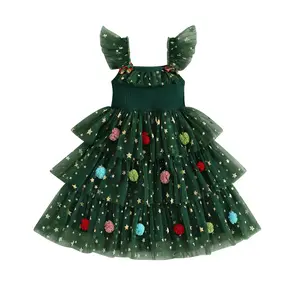 Toddler Kids Girls Christmas Pom Pom Tutu Dress Bows Sequins Stars Ruffle Fly Sleeve Layered Ruffle Tulle Cake Smash Dresses