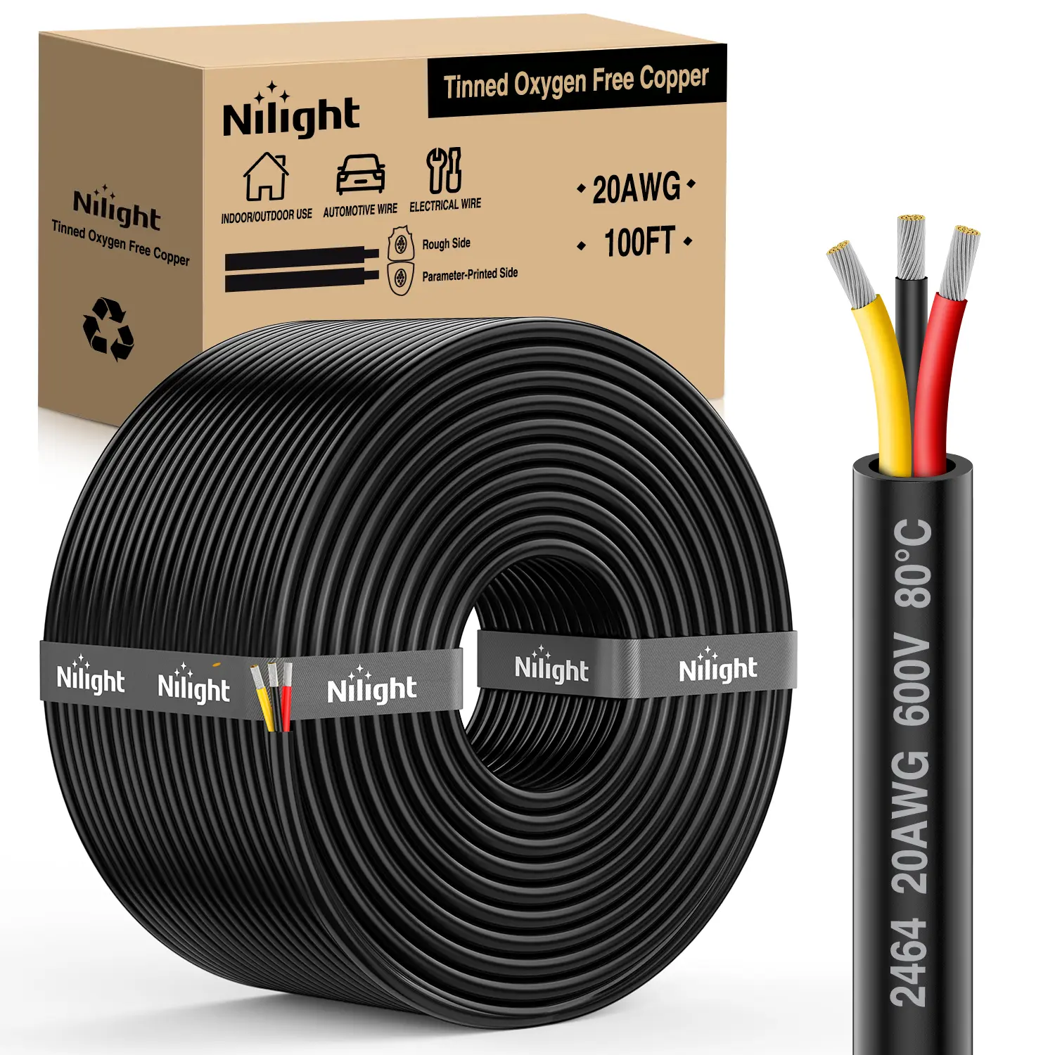 Nilight 100FT 20 Gauge Parallel Electrical Wire, Tinned Anti-Corrosion Oxygen-Free Copper (Red-Black-Yellow) Flame Retardant PVC Cord, Waterproof Flexible 600V DC Direct Burial Extension for LED Strips, Home Improvement