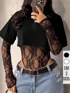 Summer Elegant Chic Short Sleeve Lace Patchwork T-Shirt Romper, Women, Slim Fit, Perfect for Layering, Y2K Style, Ideal for Daily Wear, Bodysuits