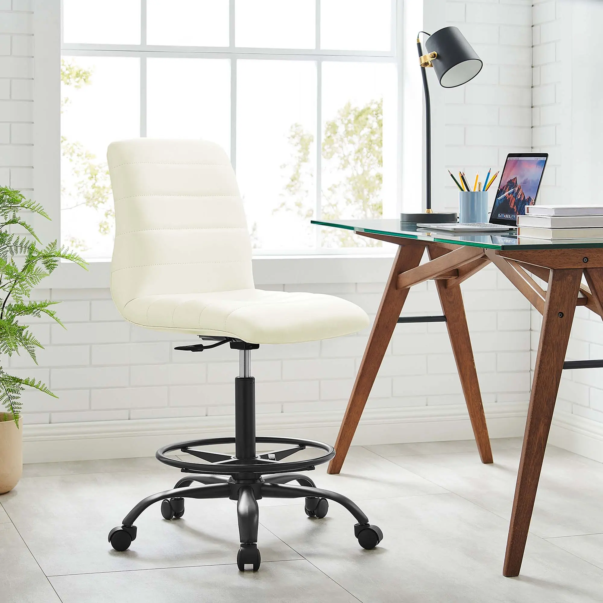 Modway Ripple Armless Vegan Leather Drafting Chair - Black White, Ergonomic, Modern Style, Rotatable, On Wheels, Pivoting (Commercial/Office Furniture), Ergonomic Chair, Rotatable Chairs & Stools