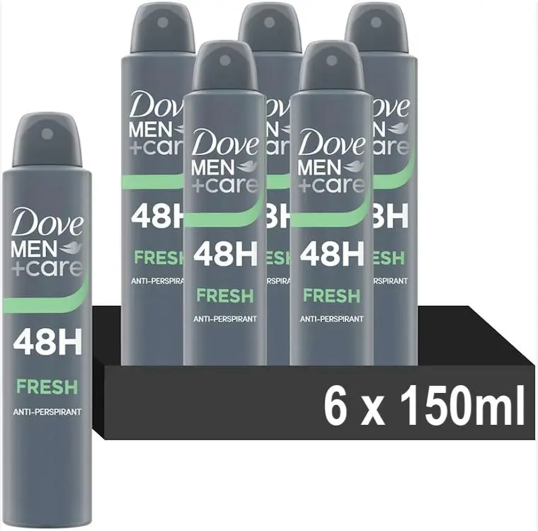 Dove Men+Care Antiperspirant Deodorant Spray 6 Pack 48H Protection Fresh Scent Quick Drying 150ml Each Soothes & Moisturises Skin