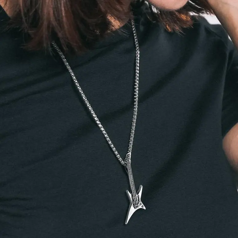 FaithHeart Stainless Steel Guitar Pendant Necklace, Edgy Artificial Gemstone Necklaces & Pendants, Durable Musical Fashion Accessory for Punk Rock Enthusiasts, Casual Artificial Gemstone Necklaces & Pendants