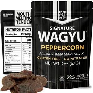 Five Star Wagyu Peppercorn Beef Jerky, Bold & Tender Gourmet Jerky Snacks, High Protein Snacks for Adults, Keto Friendly Beef Jerky Snack Packs, Gluten-Free Wagyu Jerky Sticks (6 Pack of 2oz – 12oz Total) Premium Protein Food