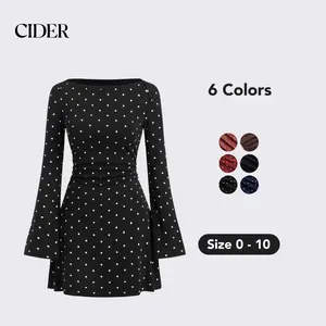 Cider  Cotton-blend Boat Neck Polka Dot Ruched Bell Sleeve Mini Dress