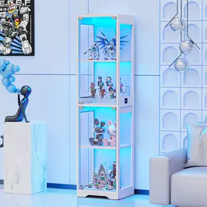 BROTTAR Display Cabinet with Glass Doors, 4-Tier Display Case with 3 Color Lights for Collectibles, Display Shelves with Human Body Sensor, White