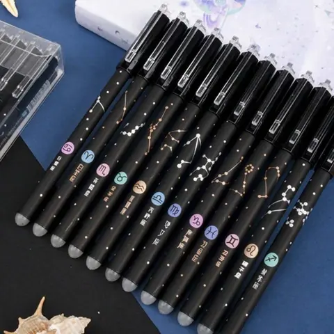 Constellation Theme Erasable Gel Pen, 12pcs/set 0.5mm Black/Blue Ink Fine Tip Pen, Refillable Fine Tip Pen, Stationery Writing Tools, Ideal for Back-to-School Supplies, Gifts, and Rewards