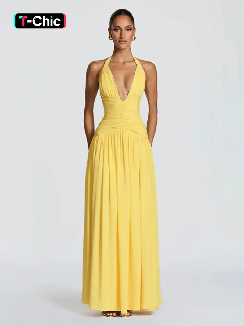 alaric | mermaid deep v neck yellow satin long prom dresses with slit -  TikTok Shop