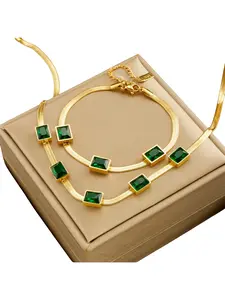 Simple Square Green Zircon Titanium Steel Necklace + Bracelet Set, Personalized Non-Fading Gold-Plated Neutral Jewelry
