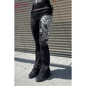 Y2K McBling Fleur De Lis Jeweled Rhinestone Print Fold-Over Flare Pants