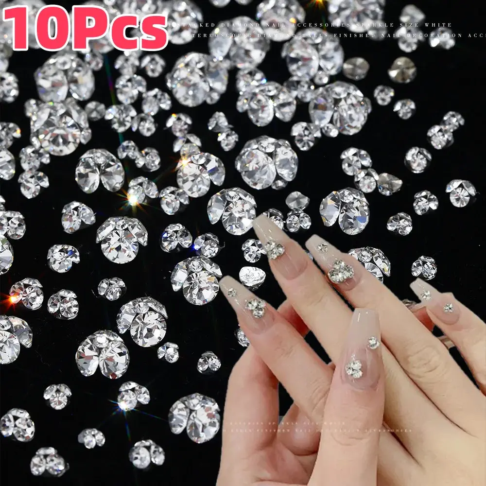 10Pcs 3D K9 Clear Nail Art Rhinestones 2-6mm Sparkle Mini Diamonds Nail Art Decorations DIY Phone Case Crafts Manicure Accessory