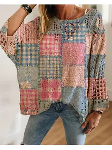 Women's Boho Geometric Print Long Sleeve Batwing Knit Top, Casual Elegant Vacation Style, Comfortable Breathable Loose Fit, Spring Summer Fall Fashion