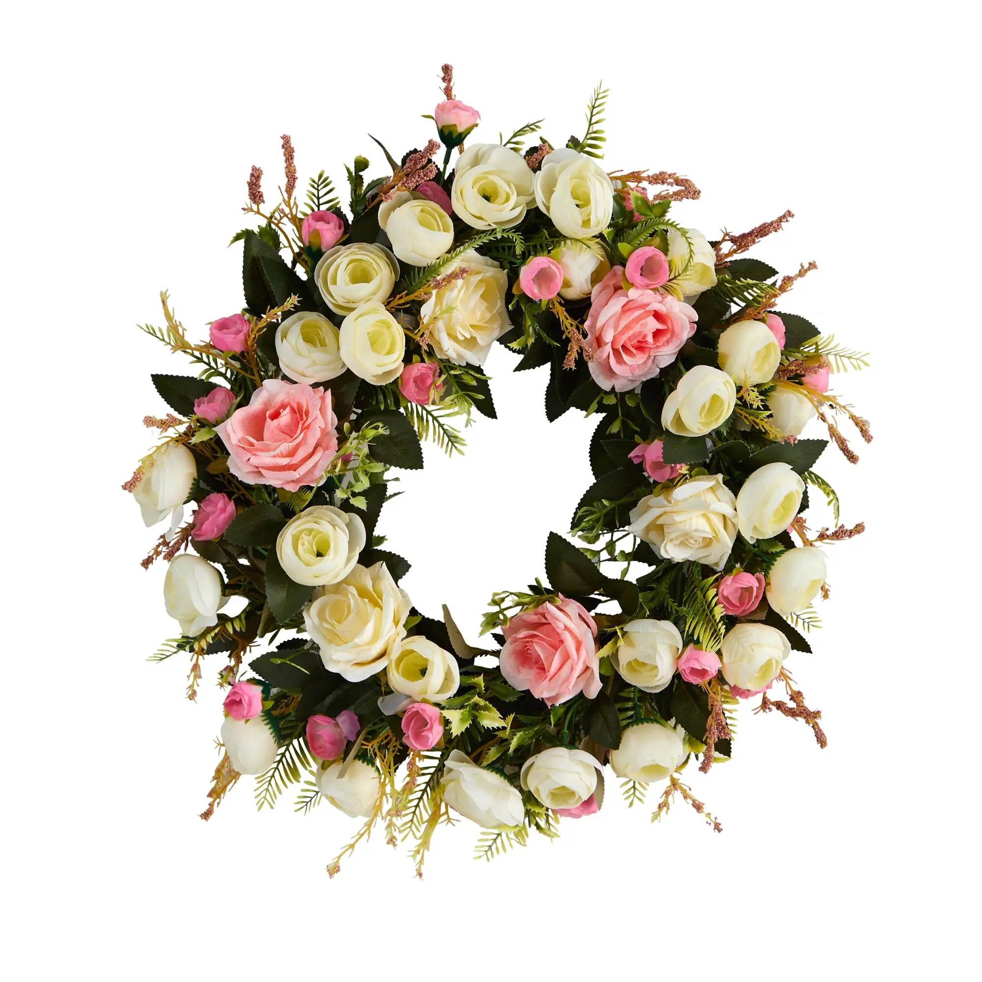 20in Decorative Silk Artificial Wreath with White & Blush Pink Pastel Roses - Nature-Inspired Floral Decor, Artificial Outdoor Flowers for Door/Wall Indoor/Outdoor Ornament